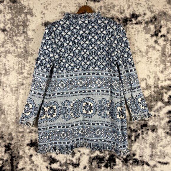 St John Sport Marie Gray Cardigan Womens Size Medium Fringe Knit‎ Wool - Picture 2 of 15